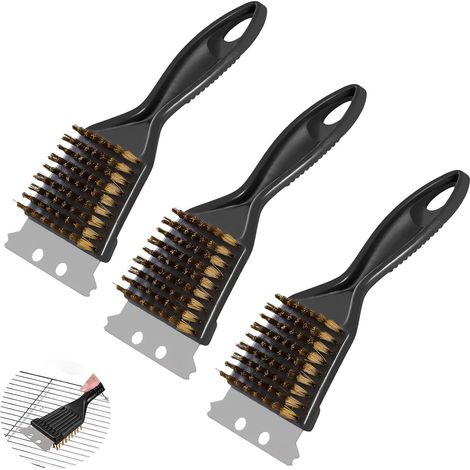 Grillbürste, 3-teiliges Set, 2-in-1-Grillbürste aus Messing (mit Edelstahlborsten und Schaber), PP-Griff, geeignet für Gas- und Holzkohlegrills (1/5)