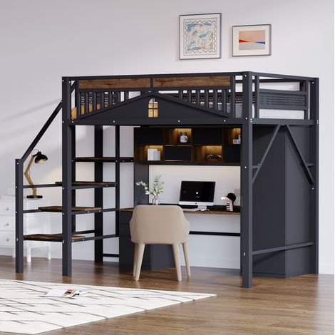 MEUBLIV Lit mezzanine 140x200 cm noir – avec échelle sécurisée, sans matelas (1/5)
