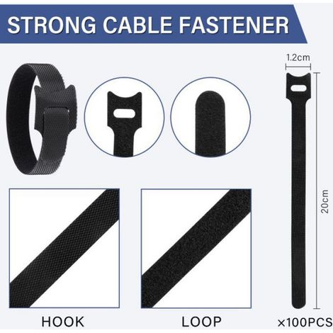100 pcs Scratch Serre Cable Bande,20cm x1.2cm Attache Cable, Sangle Réutilisable Cable Management Facile à Couper pour Attacher (1/5)