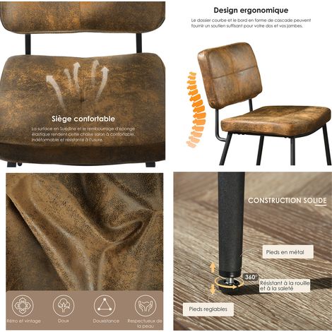 Meubles Cosy – Lot de 2 chaises de salle à manger en tissu microfibre effet suède marron – Dossier ergonomique – Structure en métal noir – Hauteur 83 cm
