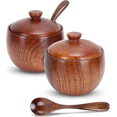 Pot à sel ou à épices en bois avec couvercle et cuillère, salières et poivrières, récipient à épices, ensemble d'épices, pot à épices en bois (1/4)