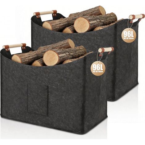 Feutre Panier bois, sac a buches de bois en feutre très épais et poignée renforcée Pliable Sac en feutre pour les courses, le bois, le journal - Gris foncé, 60x40x40cm(96L), 2 pièces (1/5)