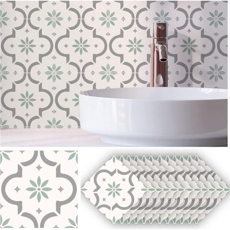 [JAMAIS UTILISÉ] 10PCS 15X15CM carreau adhesif mural, Fleurs vert clair et blanches credence adhesive pour cuisine Peler et coller, Imperméable stickers carrelage Adap (1/4)