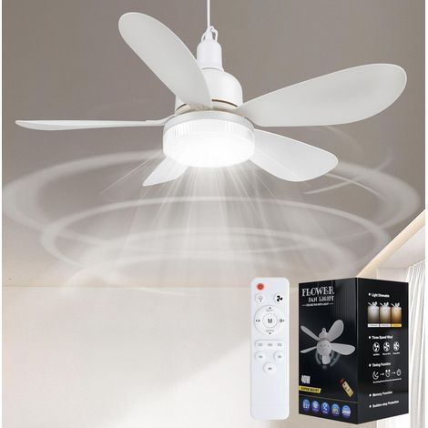 Ortviai Ventilateur de plafond avec lumière LED 52 cm, 5 pales blanches & abat-jour en cristal, télécommande incluse