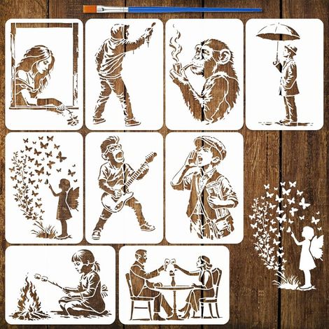 9 Pcs Pochoirs de Peinture Motif avec Pinceau 29,7x21cm 9 Styles Pochoirs de Silhouette Humaine et d'Orang-outan Réutilisables Pochoir Graffiti Style pour Bois Mur Tissu (1/5)