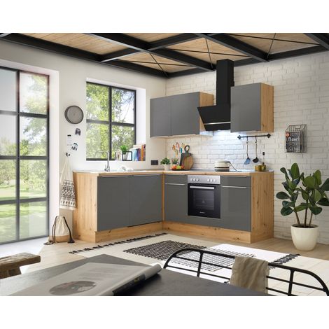 Küche Küchenzeile Winkelküche Marleen Premium 220 cm Grau Artisan Eiche Respekta