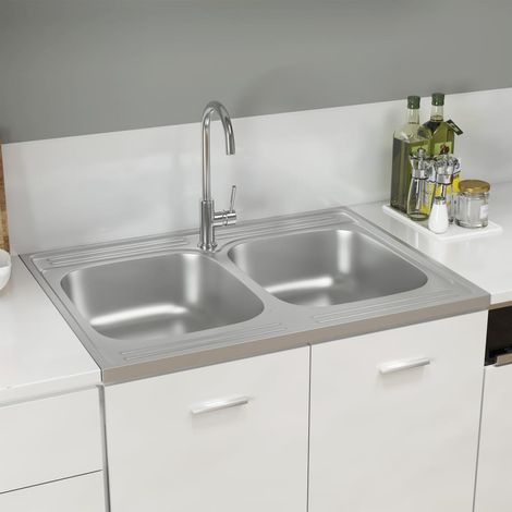 Evier cuisine - à double lavabo - Bac Vasque pour cuisine - Argenté 800x600x155 mm Inox Chic-429160 (1/5)