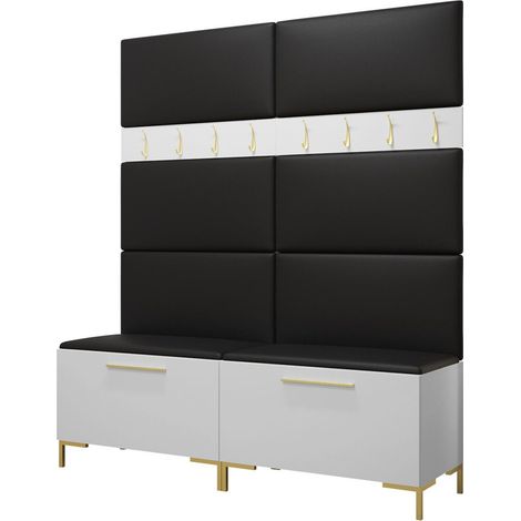 Meuble d'entrée Nomal II, Blanc, 196x168x46cm, Stratifié, Faux cuir, Murale, À poser (1/5)
