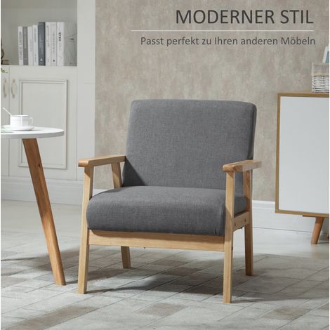 MODFU – Sillón escandinavo de lino y madera con reposabrazos, asiento amplio, 2 cojines de 12 cm y carga 120 kg – Gris (1/5)