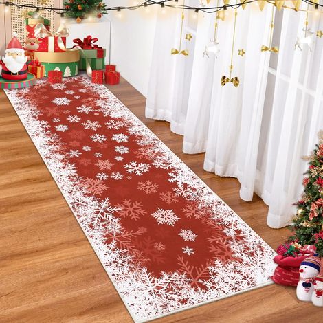 Tapis de couloir Noël 60x180cm dégradé rouille, flocons rouille et blanc (1/5)