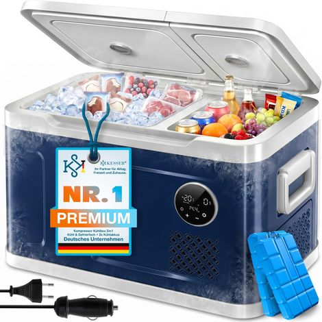 KESSER® Kompressor Kühlbox 2in1 Doppelzone Kühl- & Gefrierfach elektrisch Gefrierbox LED-Touch-Bedienung 12/24 V 230V Kühlschrank Kühlung bis -20 °C 40 Liter / Navyblau / Hellgrau