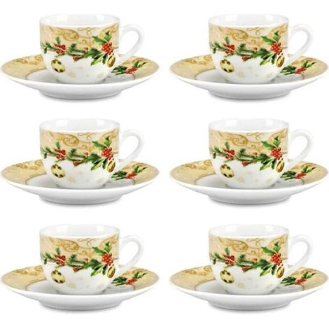 Fade Agrifoglio Set 6 Tazze Caffè Natalizie con Piattino 100 Ml Multicolor