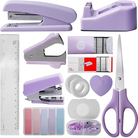 Ensemble de Fournitures de Bureau, Kit Violet de 10 Accessoires de Bureau, Comprenant une Agrafeuse, des Agrafes un Dégrafeur des Ciseaux un Mètre ruban un Cutter une Pince et des Notes Adhésives (1/5)