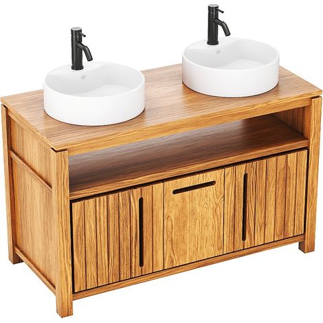 Meuble de salle de bain en teck clair avec double vasque ronde - 120 cm - SARATOK (1/5)