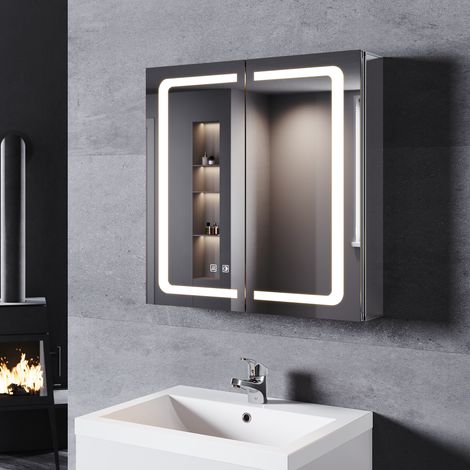 SONNI Alu Spiegelschrank mit beleuchtung und steckdose Beschlagfrei Badspiegel LED Touch 65x65x13.3cm Drahtloses Scharnier & 3 Lichtfarben Dimmbar