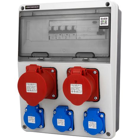 Tableau électrique de chantier CEE 16 A, 32 A, 3 x 230 V, SCHUKO, JUN-S/FI, disjoncteur différentiel et de surintensité VDE, prises Doktorvolt DV-6753-D (1/4)