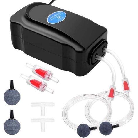 Pompe Air Aquarium, 8W Rglable Puissante Double Sortie Bulleur Aquarium pour Aquarium 5 300 L Ultra Silencieuse avec 2M Tuyau,Pierre Air,Clapet Anti-Retour et Raccord en T (1/4)