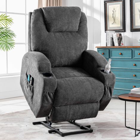 Power Lift Recliner Chair Armchair Massage Chair Electric Lift Chair with Heat and Massage, Fabric Recliner Sofa with 2 Cup Holders, Side Pockets for Living Room, Grey