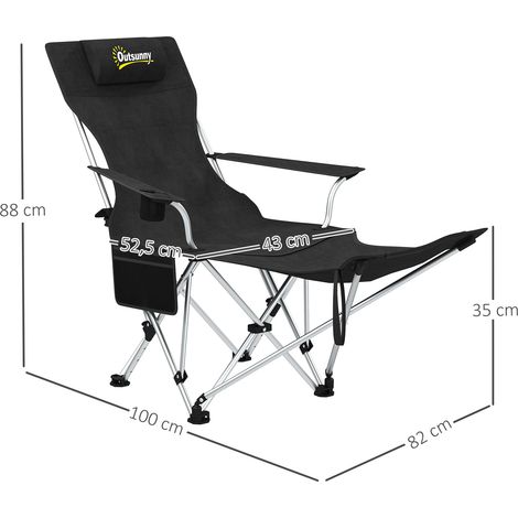 Set mit 2 faltbaren Campingstühlen mit abnehmbarer Fußstütze, Kopfstütze, Getränkehalter und Tasche, 82 x 50 / 100 x 88 cm, Schwarz