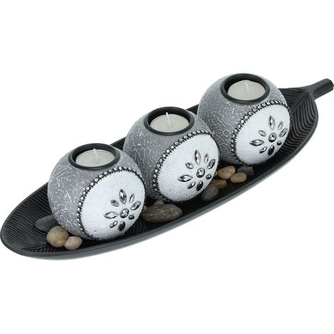 Relaxdays Teelichthalter Set mit Schale & Dekosteinen, 40,5 cm lang, Tischdeko Wohnzimmer, Kerzenhalter, grau/schwarz (1/5)