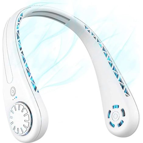 Mini ventilateur de cou sans pales rechargeable USB, ventilateur personnel mains libres, 3 vitesses, silencieux, léger et portable pour bureau, maison, voyage, sport, extérieur, blanc (1/4)
