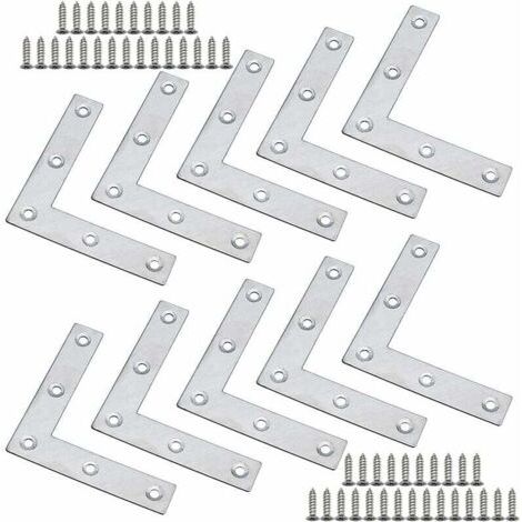 Lot de 10 Équerre à Angle Plat 80 x 80 x 1,5mm en Acier Inoxydable Plus Épaise Équerres Plates en Forme de L pour Fixation des Meubles à Bois tels que Table et Fenêtre et Étagère avec Vis