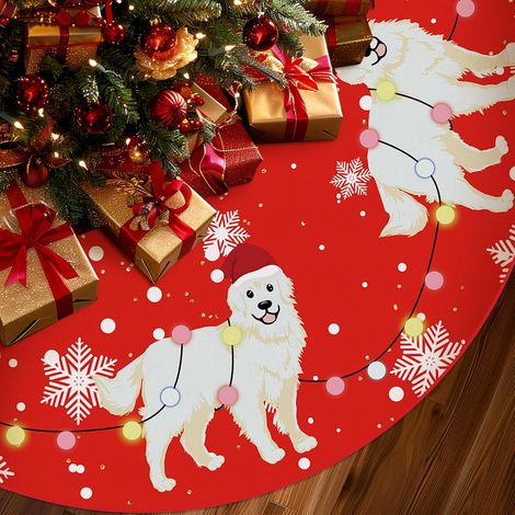 Falda roja para árbol de Navidad, falda para árbol de Navidad con estampado de Gran Pirineo, alfombra para árbol, decoración navideña de invierno de 120 cm para perros (1/5)