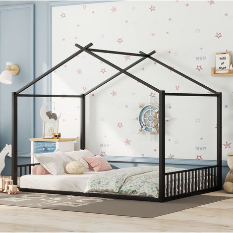 Lit enfant 140x200 cadre maison en métal noir HAVRYA (1/5)