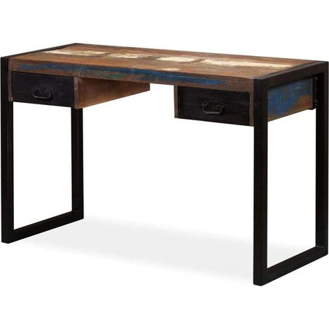 Bureau table meuble travail informatique avec 2 tiroirs bois de récupération massif 120 cm (1/5)