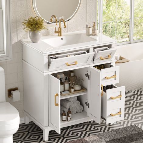 REDOM - Meuble vasque 76x46.5x86 cm, rangement à tiroirs et portes, fermeture douce, MDF et métal, blanc (1/5)
