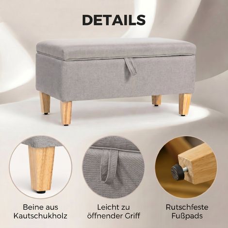 Banquette de rangement en lin, pouf rembourré avec pieds en bois d'hévéa, coffre de rangement, gris clair (1/5)