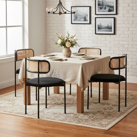 Modern Black Velvet Dining Chair Set of 4,Simple Rattan Leisure Chairs with Sturdy Metal Legs for Living Room and Bedroom Use