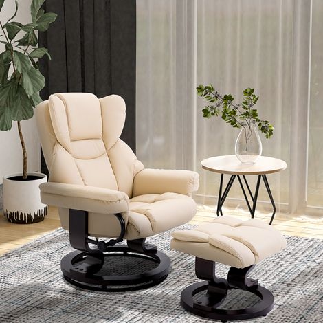 Fauteuil relax pivotant avec repose-pieds en similicuir crème (1/5)