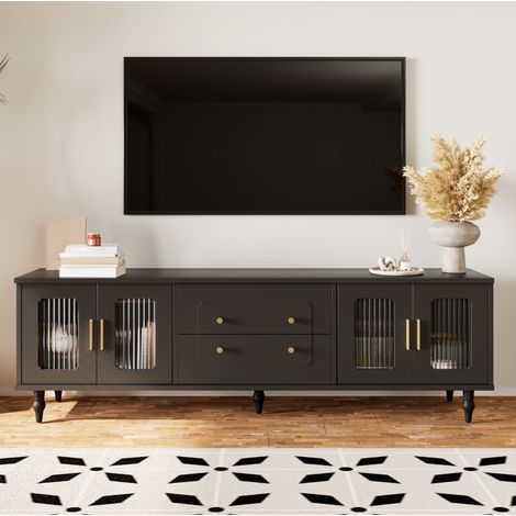 Meuble TV noir, 4 portes vitrées, 2 tiroirs, pieds bois, multiples rangements, 175x38x55,5cm Design moderne et épuré (1/5)