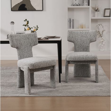 Sillón de comedor de chenilla, set de 2, sin reposabrazos, patas de madera, blanco y negro (1/5)