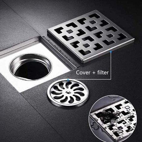 Siphon de douche carré brossé, siphon de sol en acier inoxydable avec grille amovible, passoire à cheveux, drain de douche de salle de bain, couvercle de siphon,20 20cm (1/3)
