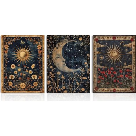 Set de 3 Pièces de Décoration Murale Boho Gothique Vintage, Impressions sur Toile d'Occultisme Mystérieux Floral de Cartes Tarot de Soleil et de Lune 12x16 pouces sans Cadre (1/5)