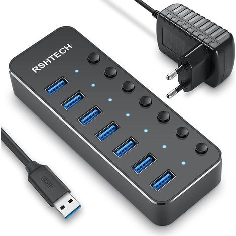 Hub USB Alimenté, Aluminium USB Hub 3.0 à 7 Ports Multiprise USB 3.0 avec 5V/2A Alimentation Externe Multi Port Hub, 5 Gbit/s, Commutateurs Individuels et Indicateur LED-Noir (1/5)