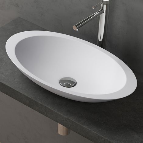 doporro Lavabo da Appoggio Lavandino Bagno Ovale in Marmoresina Bianco Opaco 60 cm Colossum802 (1/5)