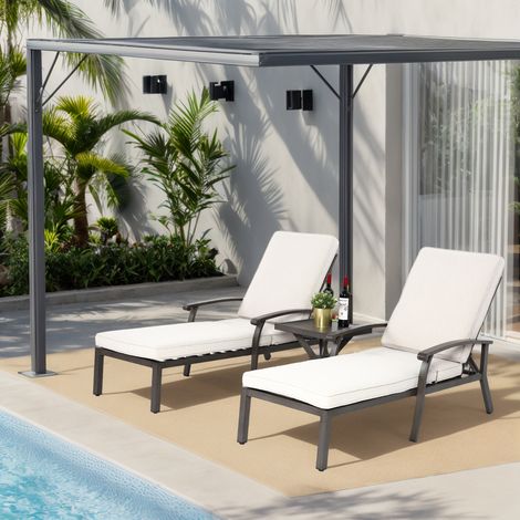 Transat en Aluminium Inoxydable Réglable avec Coussin Beige Imperméable en Coton, Chaise Longue pour Piscine et Jardin (1 Unité)