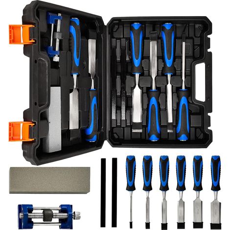 10-Piece Wood Chisel Set, Bevel Edge Wood Carving Chisel, Soft Grip with Strike Cap Set for Woodworking, Cr-V Construction Heavy Duty Chisel with Honing Guide, Sharpening Stone, Pencil & Storage Case (1/5)