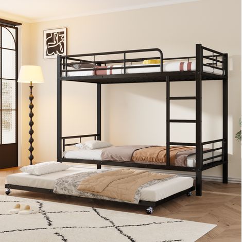 Etagenbett Metall Schwarz 90x200 cm mit Ausziehbett 90x190 cm und Leiter (1/5)