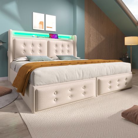 Letto con contenitore in tessuto cotone-lino beige 140x200 cm con LED, testiera con prese USB-C e rete a doghe (1/5)