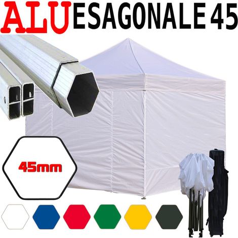 Gazebo 3x3 m bianco pieghevole alluminio piantone esagonale 45mm portatile estendibile richiudibile estensibile acciaio con laterali per fiere eventi stand chiosco tenda tendone mercato mercatino (1/5)