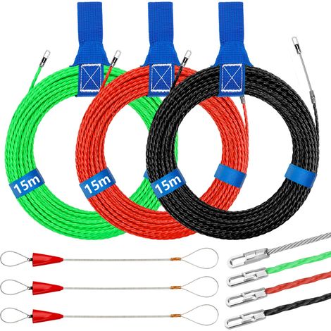 3 Pièces Aiguille Electricien, 15m Tire Fils Electrique 3mm Diamètre Aiguille Tire Fil, Tire Cable Électrique avec 6 Tête Flexible de Guidage, Aiguille Passe Cable, Vert, Rouge, Noir, Bleu (1/5)