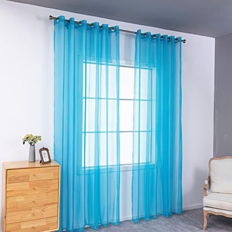 Dos cortinas semitransparentes perforadas, ligeras y transpirables, ideales para decorar dormitorios, salones, etc., de 140 x 230 cm, color azul lago. (1/5)