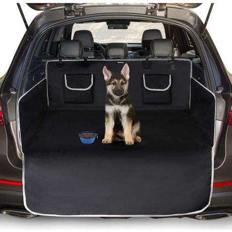 Protection Coffre Voiture Chien Universelle, 2 Grandes Poches, Imperméable & Antidérapant, 185 x 105 cm Couverture de Coffre pour Plupart Voitures, Gamelle Bonus et E-Book, Noir