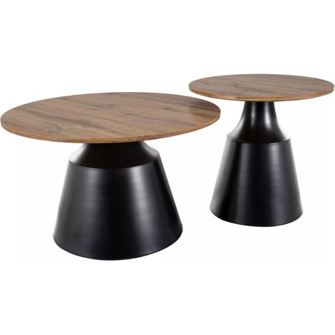 Ensemble de deux tables basses rondes avec plateau chêne artisanal PYXIS (1/4)