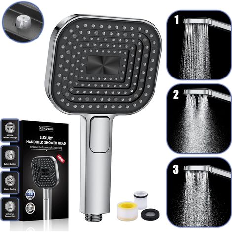 Pommeau de Douche Economie Deau, Anti Calcaire Douchette【Silicone de Qualité Alimentaire】【Économique 43% - 7,3 l/min】, Haute Pression, Douchette Grande 135 mm, 3 Modes de Jet, Chrome (sans tuyau) (1/5)