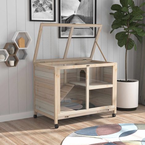 Clapier pour petits animaux à 2 niveaux, 4 roues, en bois de sapin traité, finition naturelle (1/5)